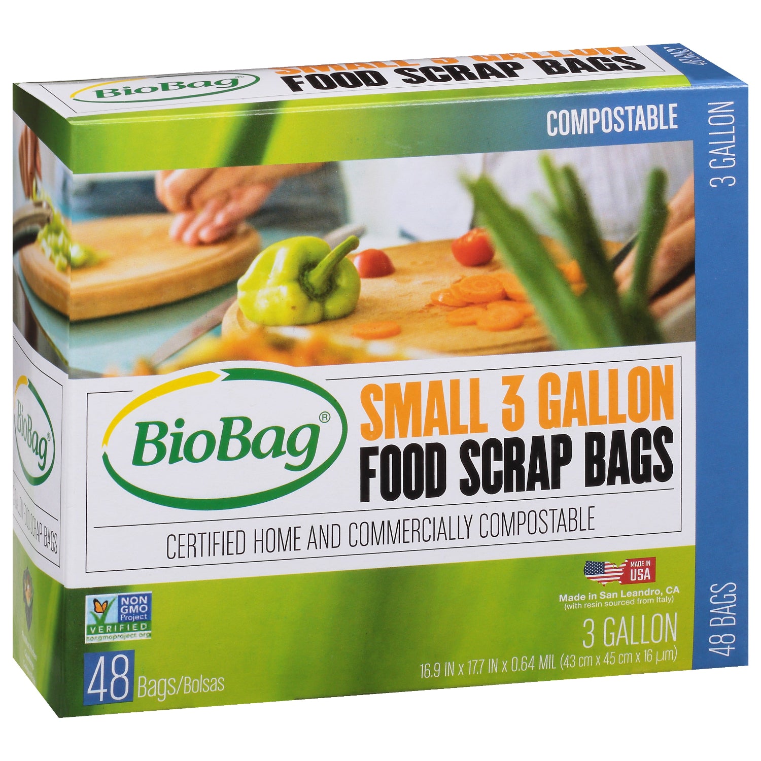 Box of BioBag small 3-gallon food scrap bags with compostable text and images of food scraps.