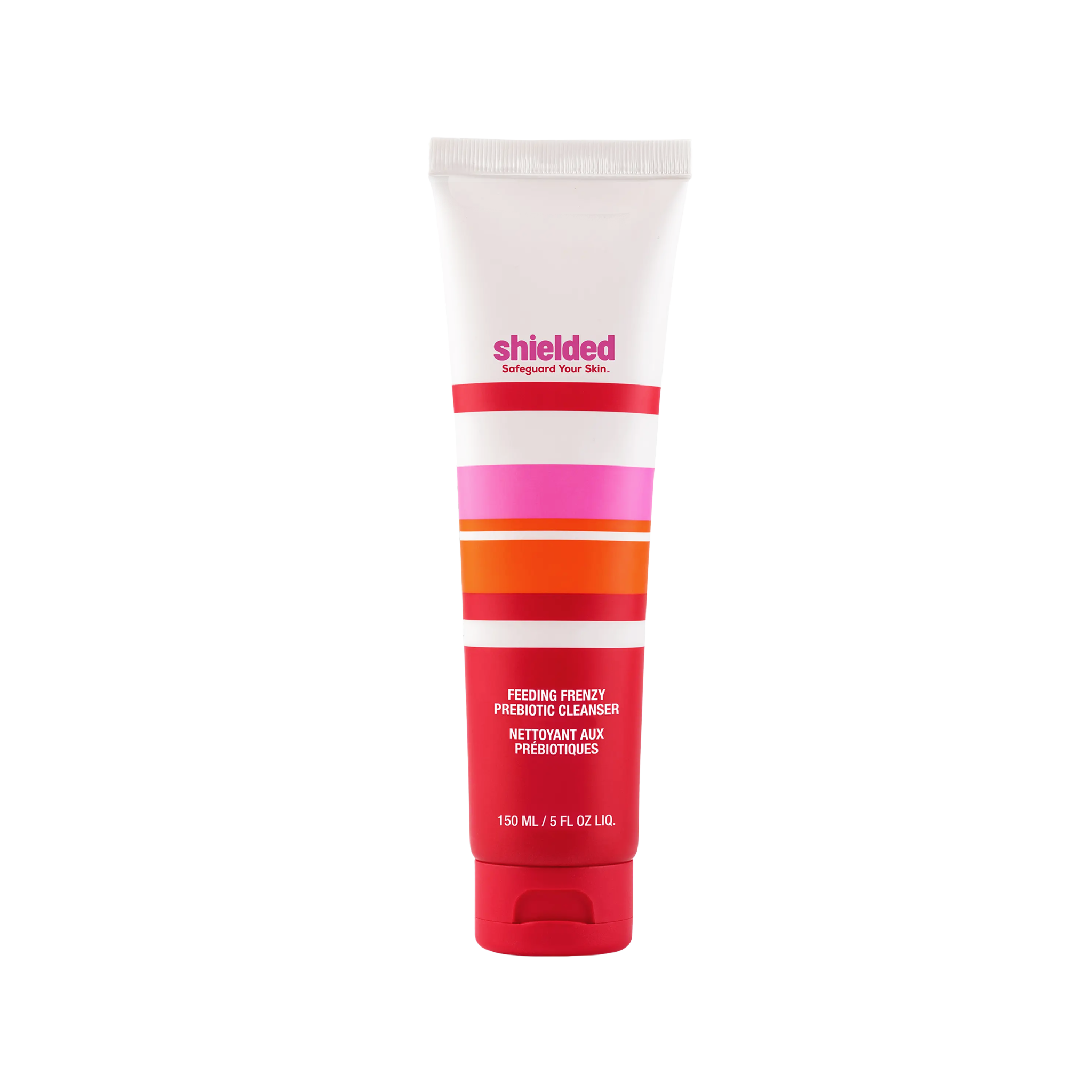Tube of 'shielded' prebiotic cleanser with colorful stripes on a white background