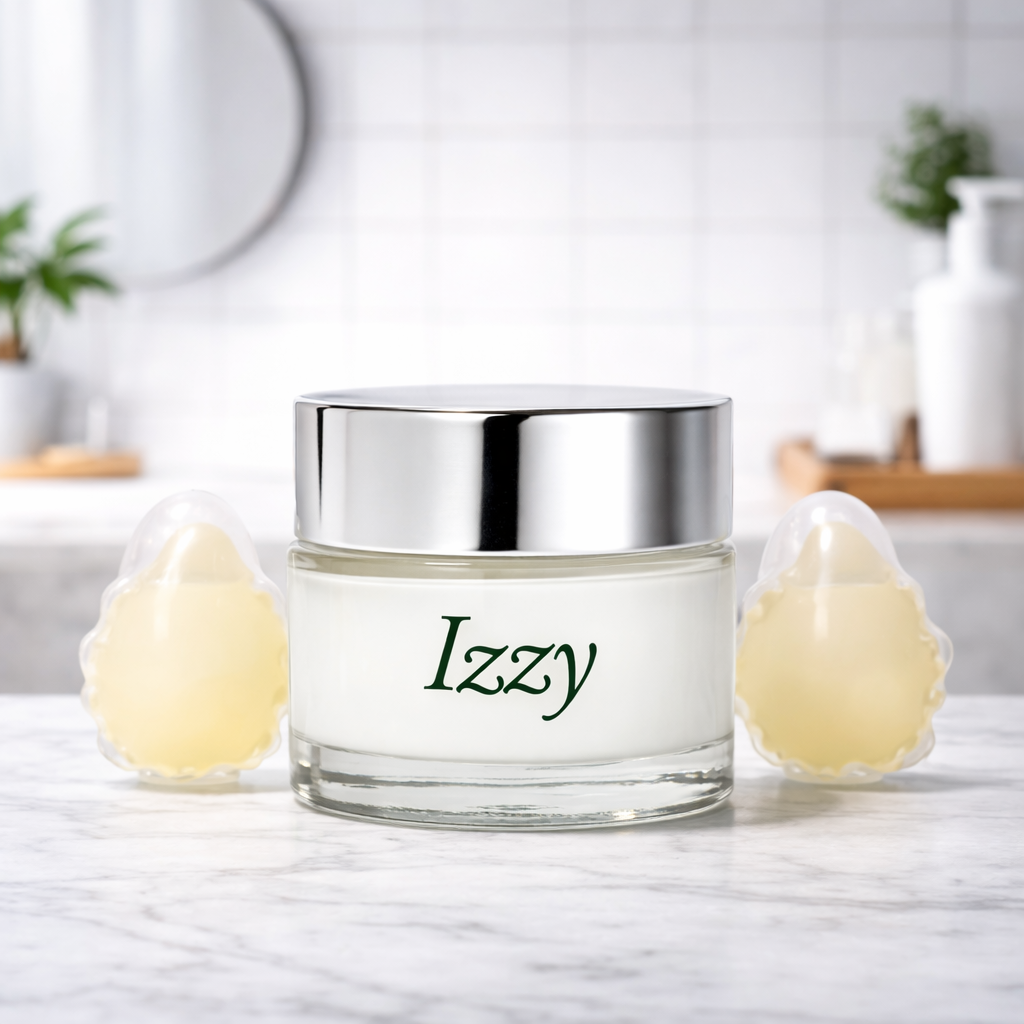 Jar of cream with 'Izzy' branding on a marble surface, with two small containers of cream beside it.