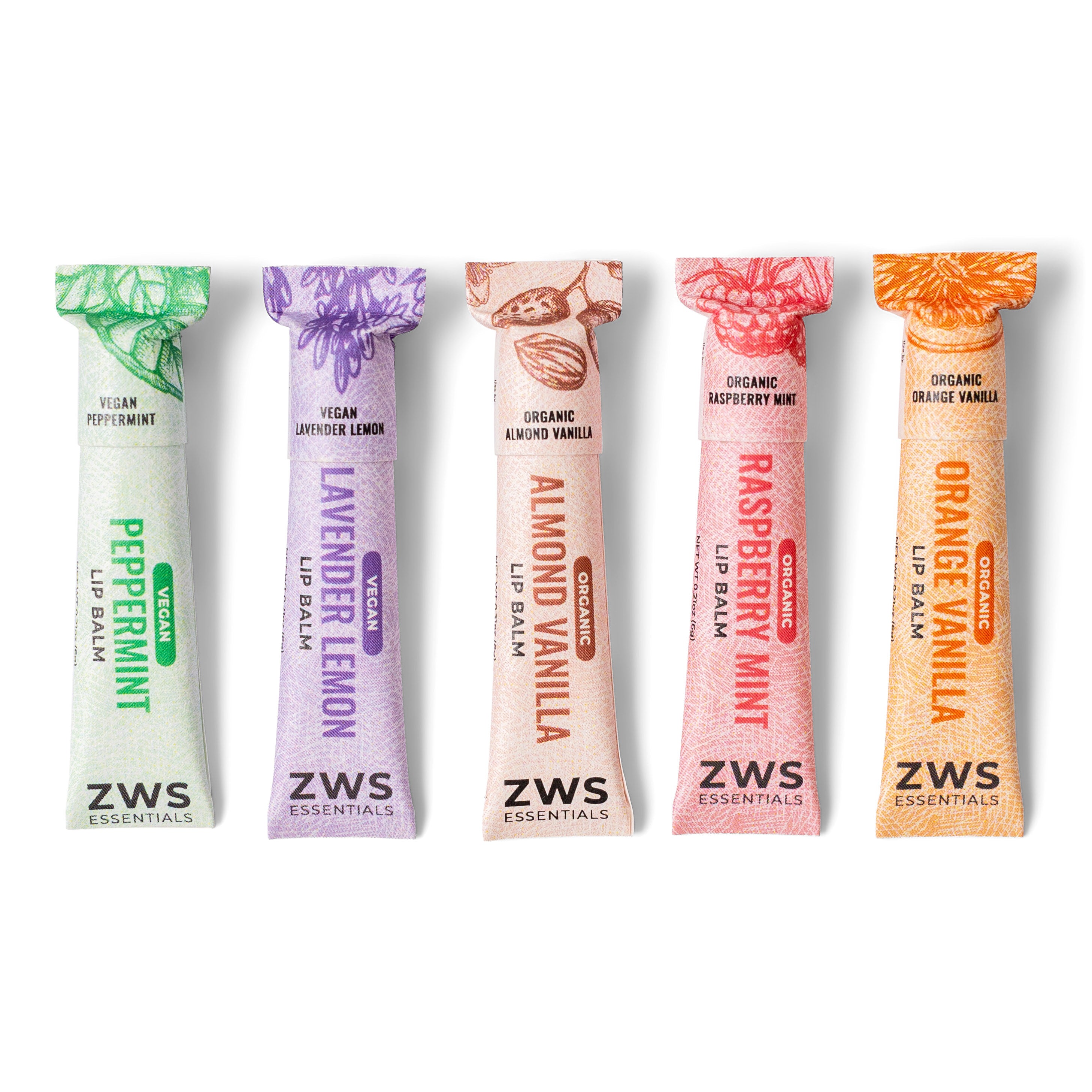 Five ZWS lip balm sticks in different flavors on a white background