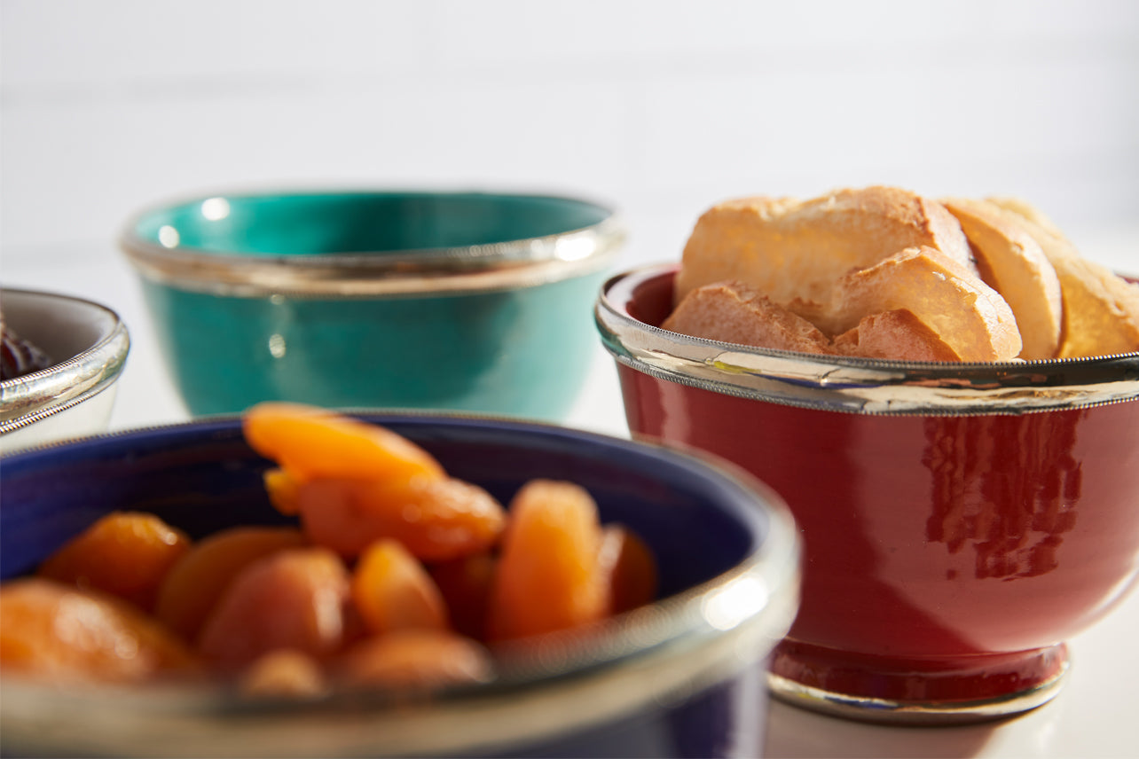 Moroccan Glazed Bowls with Berber Silver Trim- Set of 3