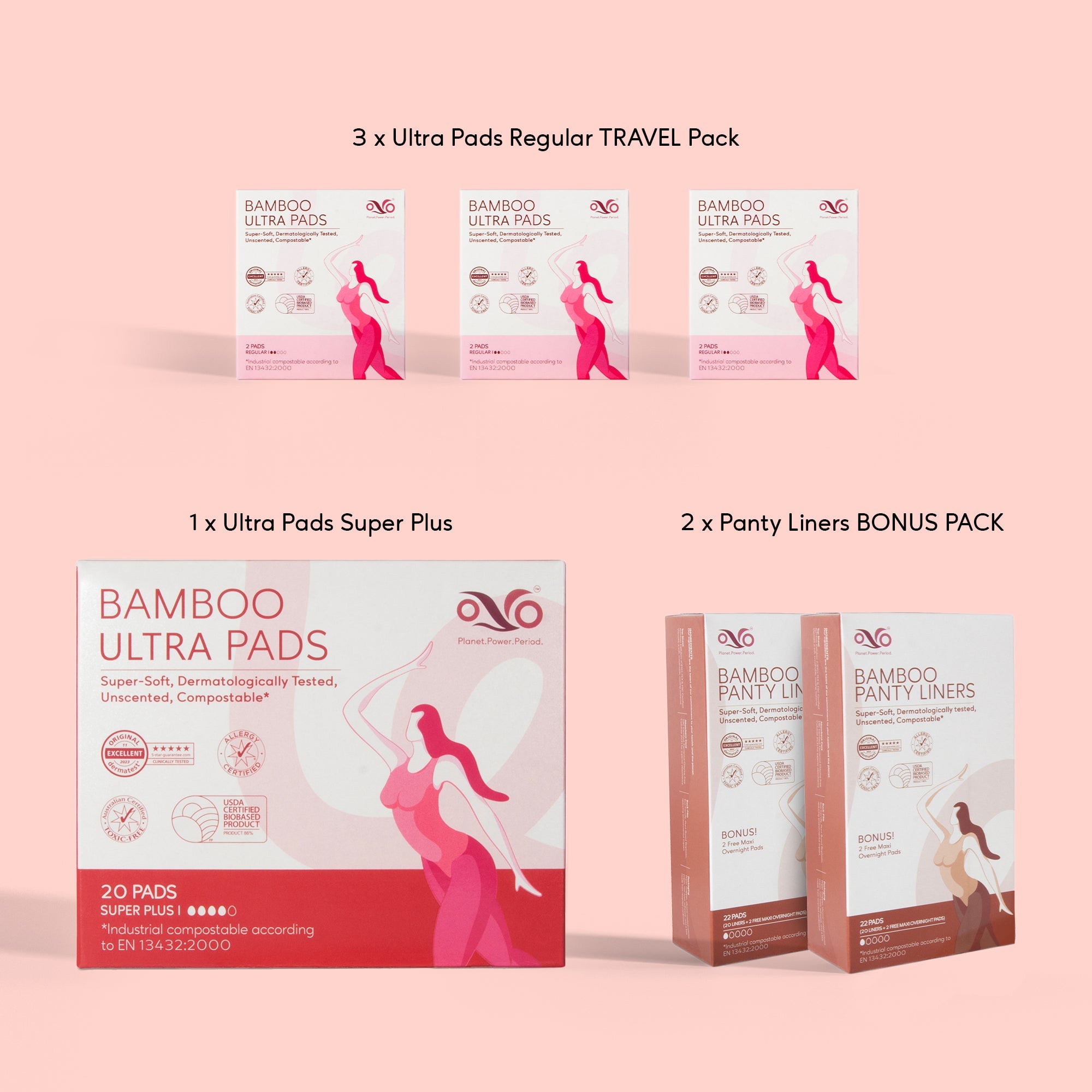 Packaging of Bamboo Ultra Pads and Party Liners on a pink background