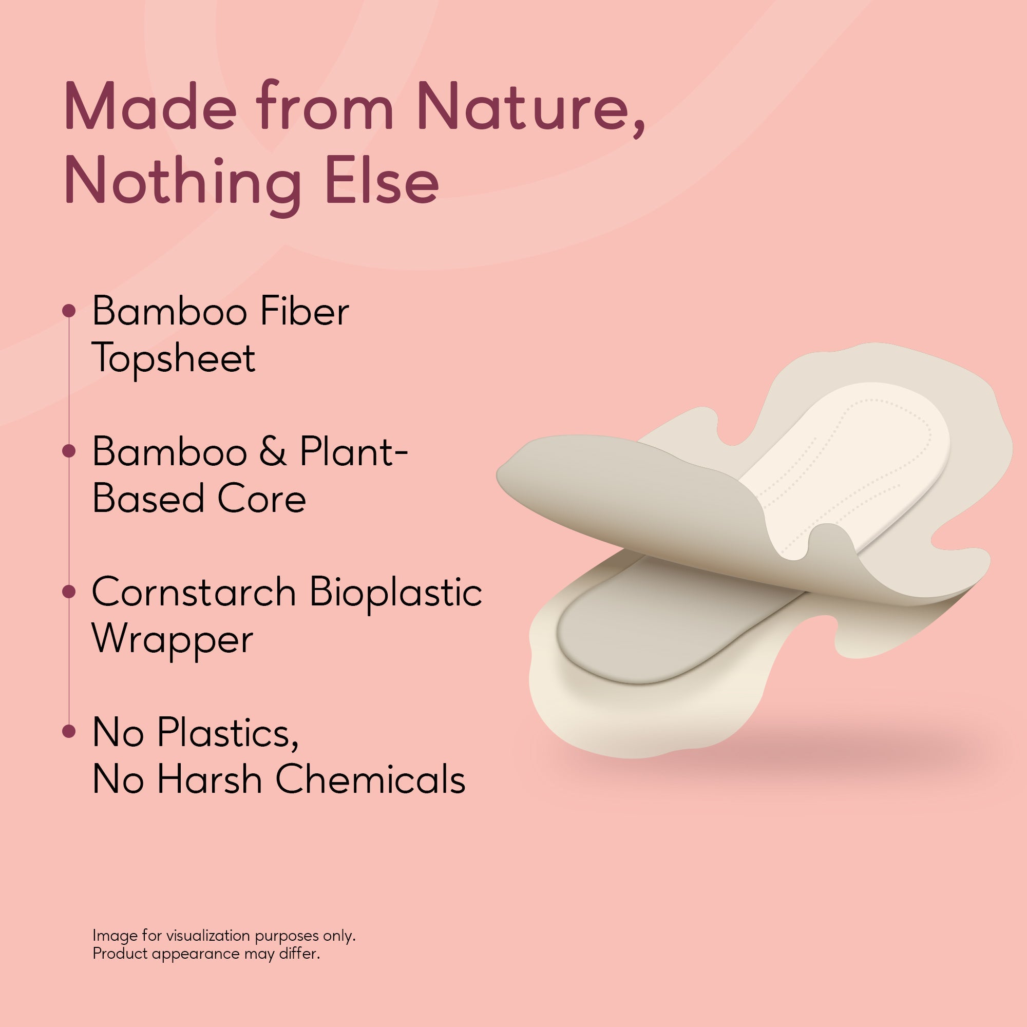 Menstrual pad with sustainability features on a pink background