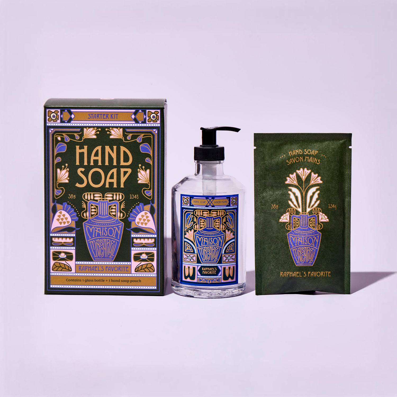 Hand soap packaging with decorative design on a white background