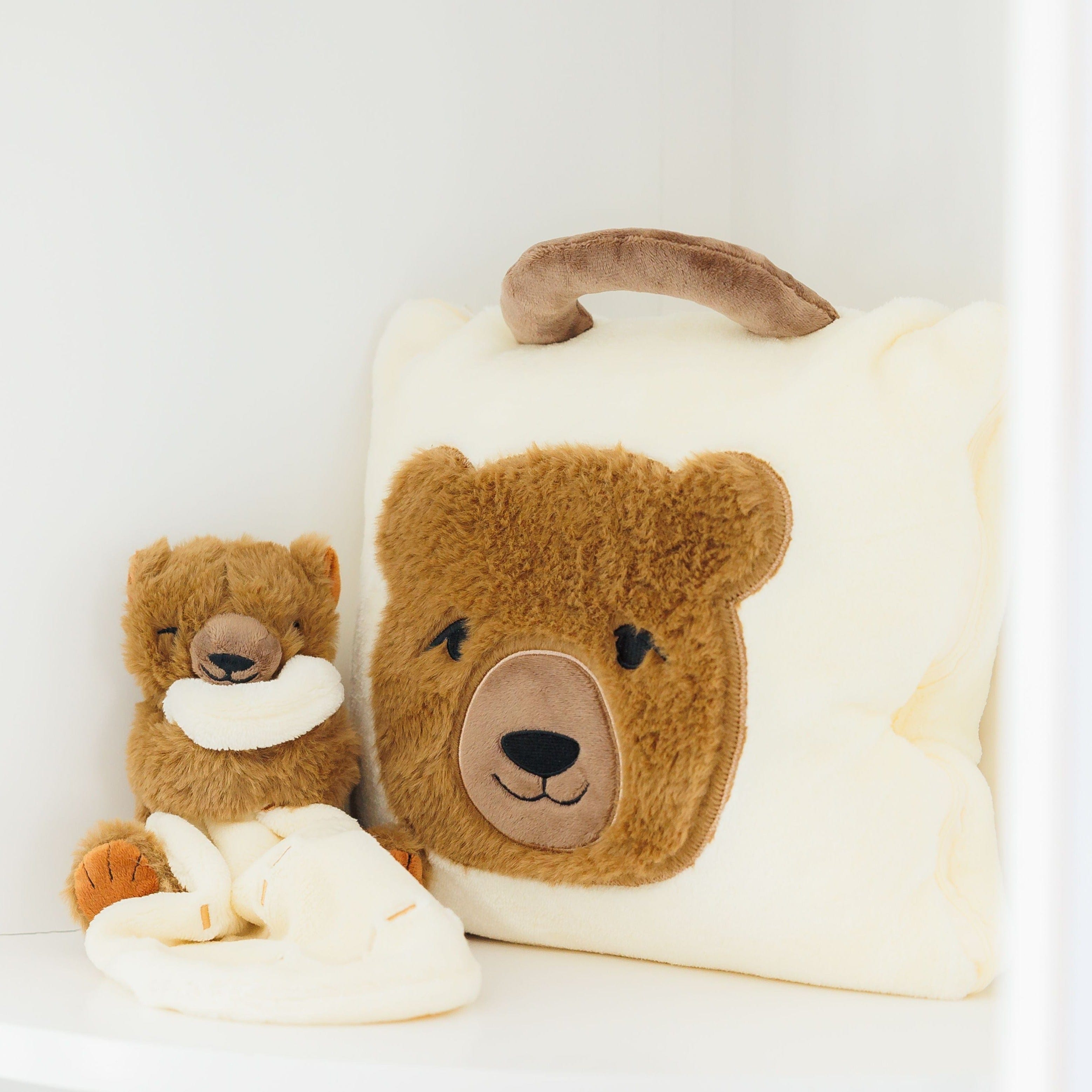 Me O My Earth Plush Bear case with attached blanket inside