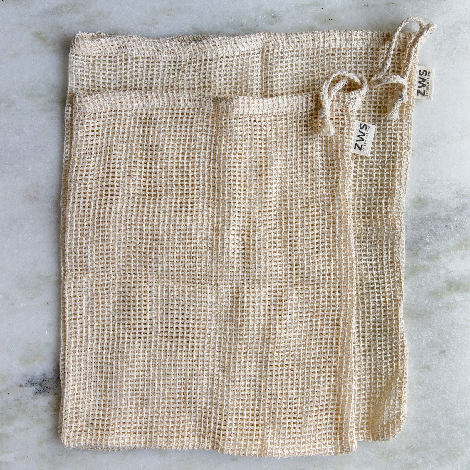 ZWS Essentials Set of 2 (M & L) / Natural Organic Cotton Mesh Produce Bag - Multiple Sizes - Zero Waste Net Bag