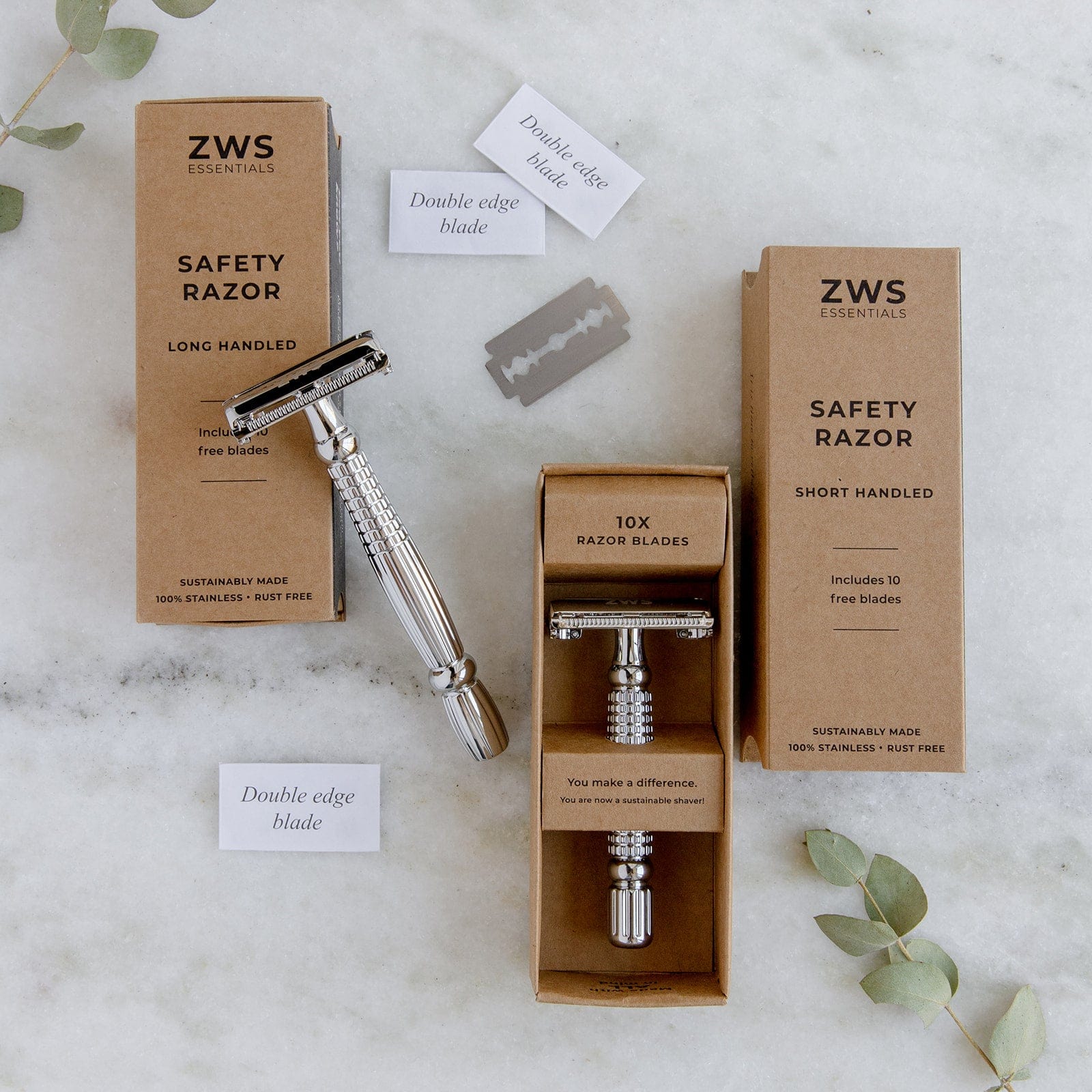 ZWS Essentials Zero Waste Safety Razor - Sustainable Razor - Stainless Steel, Single Blade, 10 Free Blades